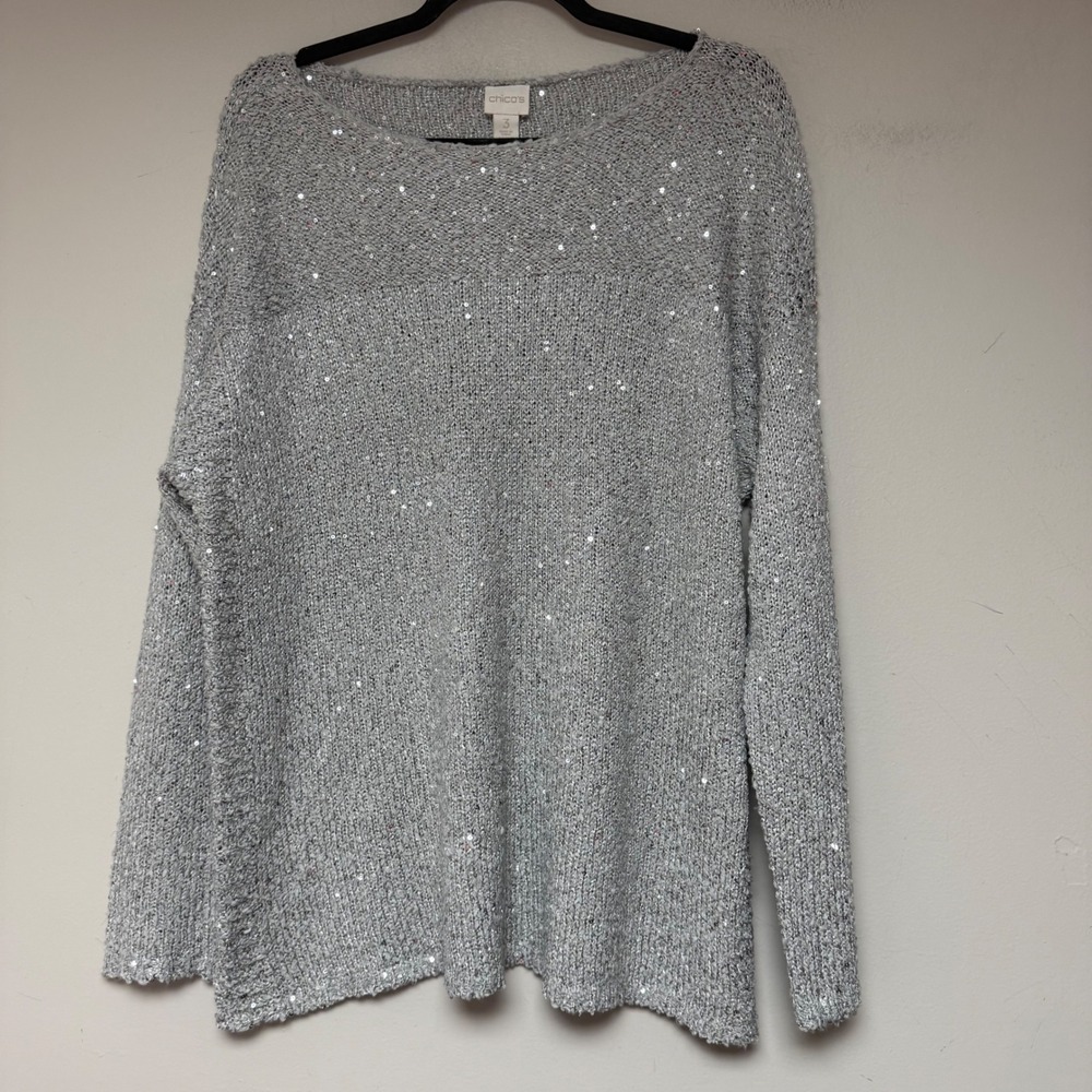 Chico's Sequin Metallic Knit Sweater Women Size 3 Silver Excellent Long Sleeve